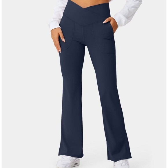 Halara Blue Crossover Waist Front Pocket Split Flare Leggings Size XS - Picture 2 of 11